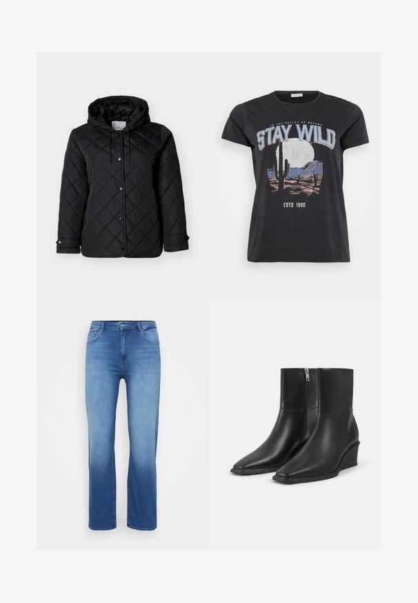 Sort quiltet jakke med hætte, forside med trykknapper, justerbare snore og sidelommer. Glat tekstur med diamantmønster.; Sort bomulds t-shirt med et grafisk print af en ørken-scene med kaktusser, en måne og sætningen "STAY WILD" i blå skrifttype.; Lysblå denimjeans med lige snit, fem-lomme design og en slidt effekt ved kanten. Knaplukning i taljen.; Par sorte læderankelstøvler med spidse tæer, kilehæle og sidelukkede lynlåse på en ensartet lys baggrund.