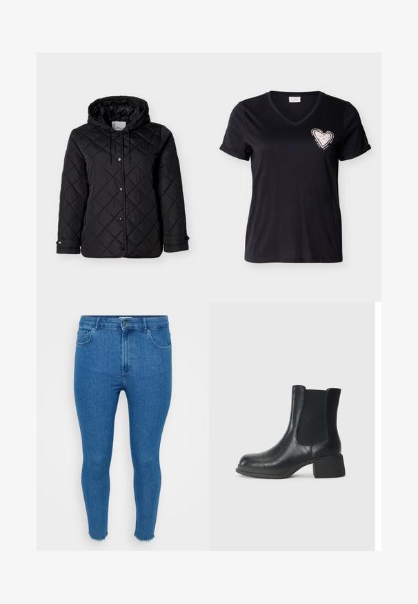 Sort quiltet jakke med hætte, forside med trykknapper, justerbare snore og sidelommer. Glat tekstur med diamantmønster.; Sort V-hals T-shirt med korte ærmer og opbrettede kanter, med en lyserød hjerte-patch med små nitter og omgivende motiverende tekst på brystet.; Smal blå denimjeans med høj talje, fem-lommer-design og rå kant. Materialet ser glat ud med let falmning på lårene.; Sort læder ankelstøvle med elastiske sidepaneler, rund tå og en lav blokhæl. Overfladen har en glat struktur og minimal detaljer.