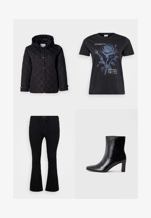 Zwarte gewatteerde jas met capuchon, voorzijde met drukknoopsluiting, verstelbare trekkoorden en zijzakken. Gladde textuur met ruitpatroon.; ONLY Carmakoma CARMIKO WASHED SS REG TEE JRS - T-shirt print - black; Zwarte flairjeans van denim, met een knoopsluiting, vijf zakken en een gladde textuur. Klassiek ontwerp met een flared zoom.; Zwarte enkellaars gemaakt van glanzend leer, met een puntige neus en een gemiddelde blokhak, voorzien van een gladde textuur en een eenvoudig ontwerp.