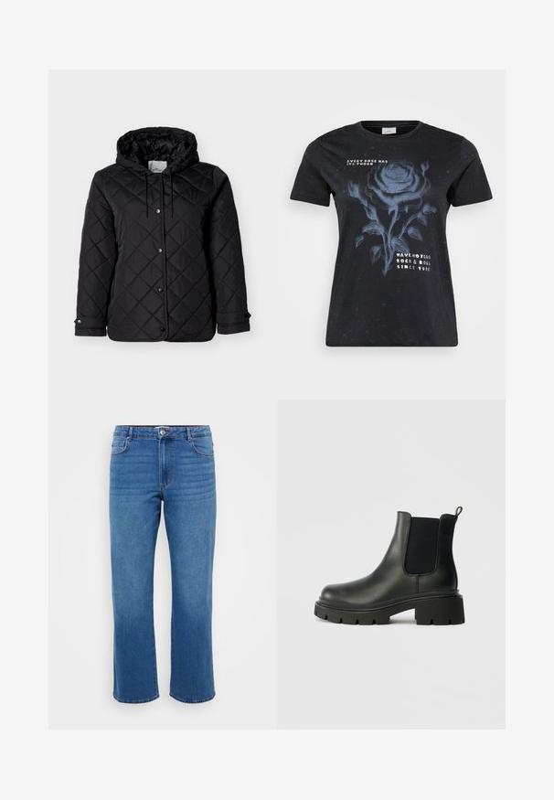 Sort quiltet jakke med hætte, forside med trykknapper, justerbare snore og sidelommer. Glat tekstur med diamantmønster.; ONLY Carmakoma CARMIKO WASHED SS REG TEE JRS - T-shirts print - black; Blå denimjeans med lige ben, der har en knaplukning, klassisk fem-lomme design og en subtil falmet tekstur på lårene.; Sorte læder Chelsea støvler med elastiske sidepaneler, en struktureret overflade og en kraftig gummisål. Har en trækstrop for nem påklædning.