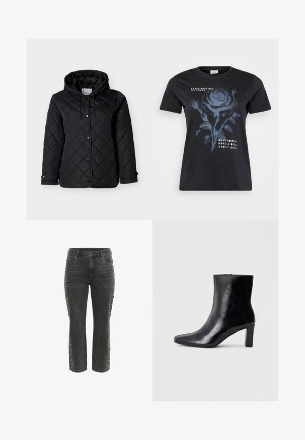 Sort quiltet jakke med hætte, forside med trykknapper, justerbare snore og sidelommer. Glat tekstur med diamantmønster.; ONLY Carmakoma CARMIKO WASHED SS REG TEE JRS - T-shirts print - black; Sorte høj talje lige jeans med metalknap, forlommer og små sølvnitter langs de ydre sidesømme.; Sorte ankelstøvler lavet af blank læder, med spidse tæer og en mellemstor blokhæl, med en glat tekstur og et enkelt design.