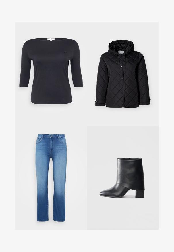 Veste noire matelassée avec capuche, fermeture à boutons-pression à l'avant, cordons ajustables et poches latérales. Texture lisse avec motif en losanges.; Top noir à manches trois-quarts en tissu coton lisse. Présente un décolleté bateau et un petit logo sur la poitrine.; Jean en denim bleu clair avec une coupe droite, un design à cinq poches et un effet délavé à l'ourlet. Fermeture à bouton à la taille.; Bottine en cuir noir à bout pointu, texture lisse et talon bloc structuré. Elle se distingue par un design de revers haut et plié.