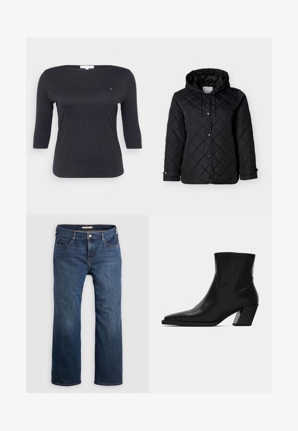 Chaqueta negra acolchada con capucha, cierre frontal de botones a presión, cordones ajustables y bolsillos laterales. Textura suave con patrón de diamantes.; Top negro de manga tres cuartos hecho de suave tela de algodón. Presenta un escote barco y un pequeño detalle de logo en el pecho.; Pantalones vaqueros de denim azul oscuro con un corte recto, que cuentan con cinco bolsillos, un cierre de botón y detalles de costura sutil a lo largo de las costuras.; Bota de tobillo de cuero negro con punta afilada, una silueta elegante y un tacón cuadrado grueso. Textura suave con detalles de costura mínimos.
