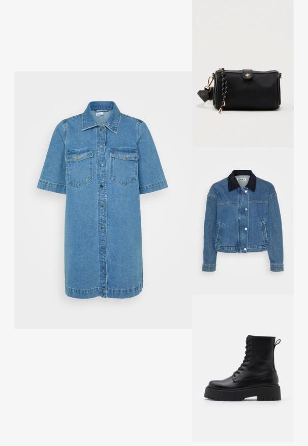 Denim takki, jossa on tumma sininen corduroykraava, etuosan nappikiinnitys ja kaksi sivutaskua. Keskipitkät hihat, joissa on kalvosin yksityiskohtia.; Vaaleansininen farkkumekko, jossa on lyhyet hihat, kaksi rintataskua, napitettava etuosa ja suora helma. Korostaa kontrastiväristä tikkausta.; Musta nahkainen nilkkureita, joissa on pyöreä kärki, nauhakiinnitys edessä ja paksu kumipohja, jossa on teksturoitu pinta. Takana vetotappi.; Musta suorakaiteen muotoinen laukku, jossa on sileä pinta, kultaiset metalliosat, vetoketjusuljenta ja koristeellinen mustavalkoinen hihna kiinnitettynä sivulle.