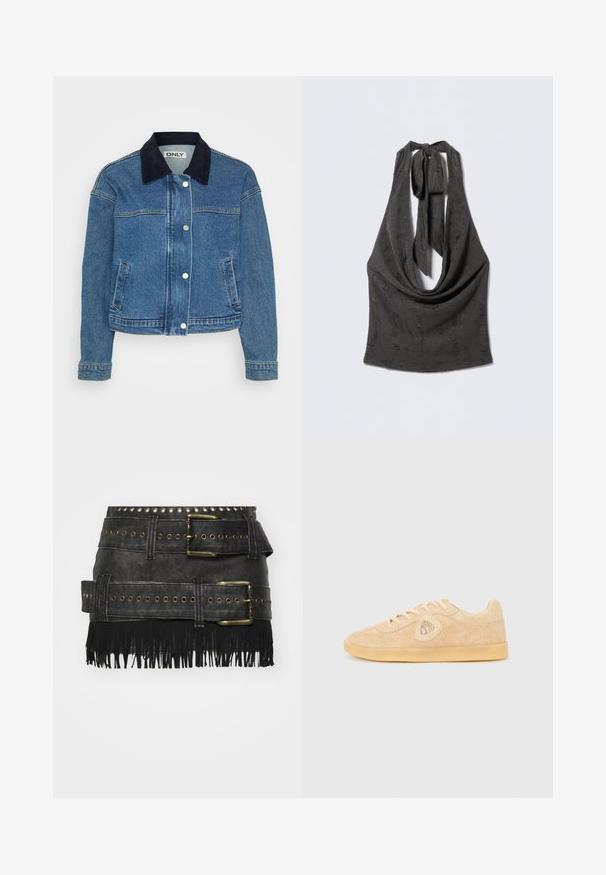 Jeansjacke mit einem dunkelblauen Cordkragen, Druckknöpfen auf der Vorderseite und zwei seitlichen Taschen. Mittellange Ärmel mit Manschettendetails.; Schwarzes, strukturiertes Neckholder-Top mit tiefem, drapiertem Ausschnitt und gebundenen Trägern am Nacken, präsentiert auf grauem Hintergrund.; Schwarzer Kunstlederrock mit großen Metallschnallen, Ösenverzierungen und Fransen am Saum. Strukturierter Schnitt mit mehreren Gürteln.; Beige Wildleder-Sneaker mit rundem Zehenbereich, strukturierter Oberfläche, Schnürsystem und einem dekorativen Logo-Patch an der Seite. Gummisohle.