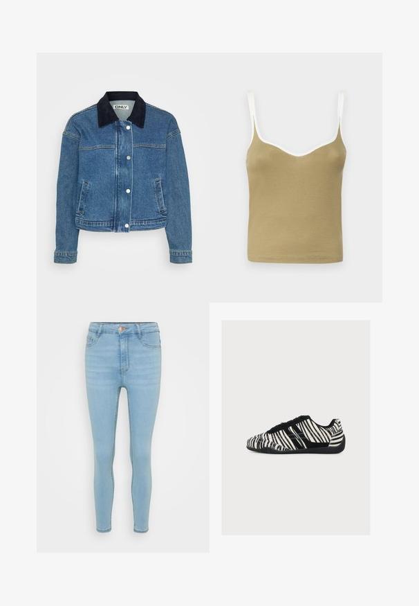 Denim takki, jossa on tumma sininen corduroykraava, etuosan nappikiinnitys ja kaksi sivutaskua. Keskipitkät hihat, joissa on kalvosin yksityiskohtia.; Khaki ribbattu tank top, johon safaid varqain hain, jo khudai neckline aur patli straps se sajta hai. Hamwar texture aur jism ke anuroop design.; Vaaleansiniset farkut, joissa on kapea lahje ja korkea vyötärö, etupainike ja vetoketjusulkeminen, viisi taskua sekä hienovarainen kuluminen.; Matalaprofiilinen lenkkari, jossa mustavalkoiset seepraraidat, mustat nauhat ja teksturoidu musta pohja, esitetty sivulta valkoisella taustalla.