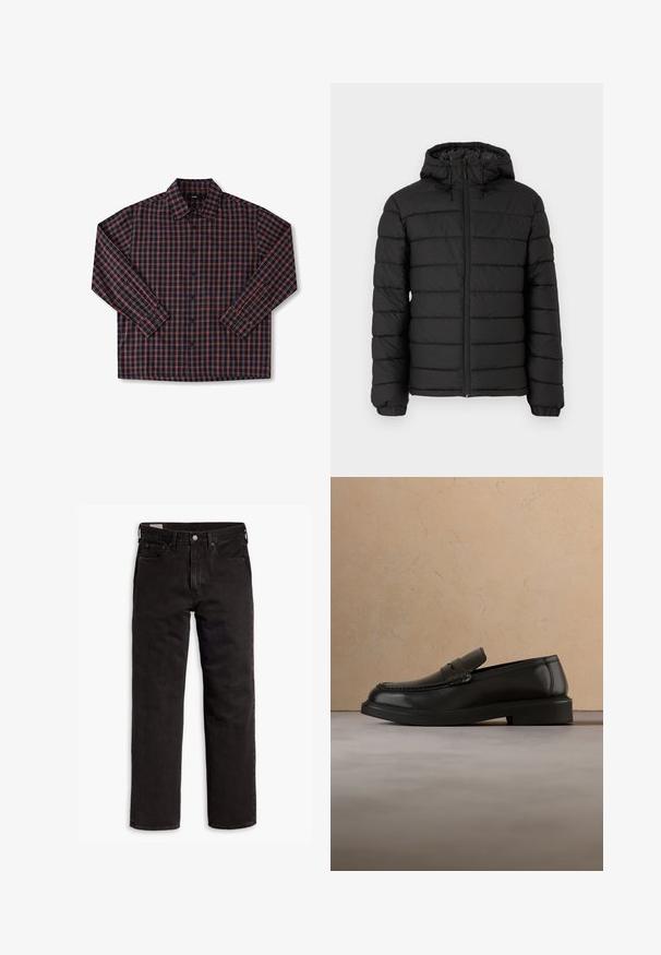 Schwarze Pufferjacke mit Kapuze, gestepptem Design, Frontreißverschluss, elastischen Bündchen und glatter Textur, die Wärme und Isolation bietet.; Herren Langarmshirt mit navyblauem Grund und rot-weißer karierter Musterung, Knopfleiste und klassischem Kragen. Aus Baumwollstoff.; Schwarze gerade Jeans aus Denim mit fünf Taschen, Knopfverschluss und Gürtelschlaufen, flach auf einem weißen Hintergrund ausgelegt.; Schwarzer Lederschuh ohne Schnürsenkel schwebt über einem beigen gewebten Teppich, im Hintergrund ein runder Holztisch und ein Sofa.