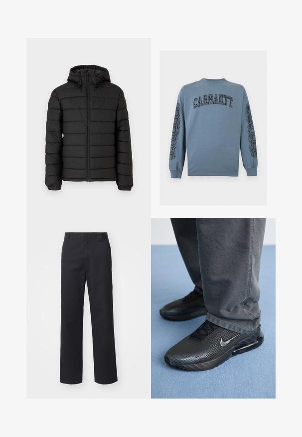 Sort pufferjakke med hætte, quiltet design, frontlynlås, elastiske manchetter og en glat tekstur, der tilbyder varme og isolering.; Blå Carhartt langærmet skjorte med slangehudsmønster tekst på fronten og matchende slangehud designs langs begge ærmer.; Sorte lige benbukser lavet af bomuldsblandet stof. Har en flad frontbetræk med bæltesløjfer og ingen synlig hardware eller udsmykninger.; Sorte Nike træningssko med en struktureret overdel, perforerede detaljer og en synlig luftdæmpningsenhed, parret med grå bukser.