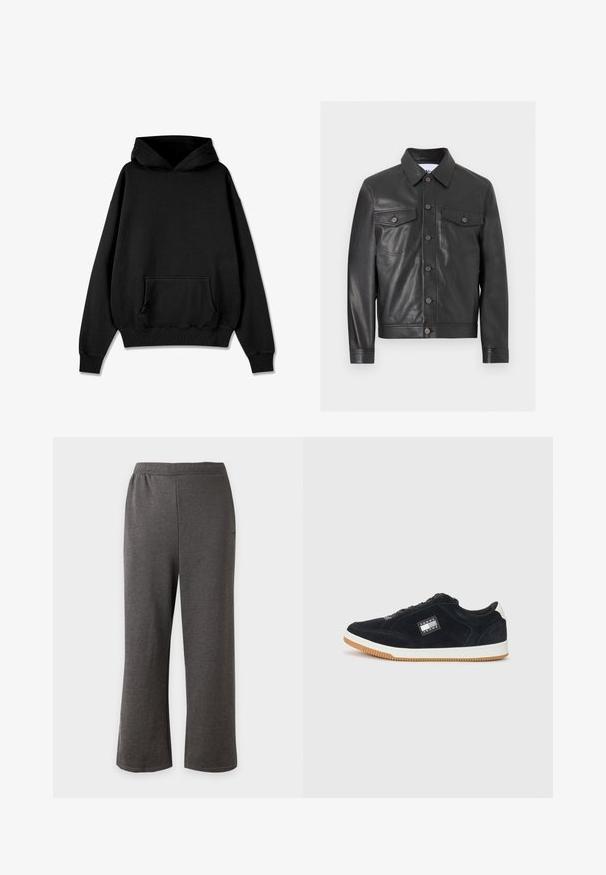 Sort læderjakke med knapper foran, to klaplommer på brystet, lange ærmer og en spids krave.; Pegador LOGO OVERSIZED - Hættetrøje - vintage black black; Nederdel med lige skæring i mørkegrå med elastisk talje, lavet af blødt, strækbart stof, vist mod en ensfarvet lys baggrund.; Tommy Jeans TJM CUPSOLE - Sneakers - black