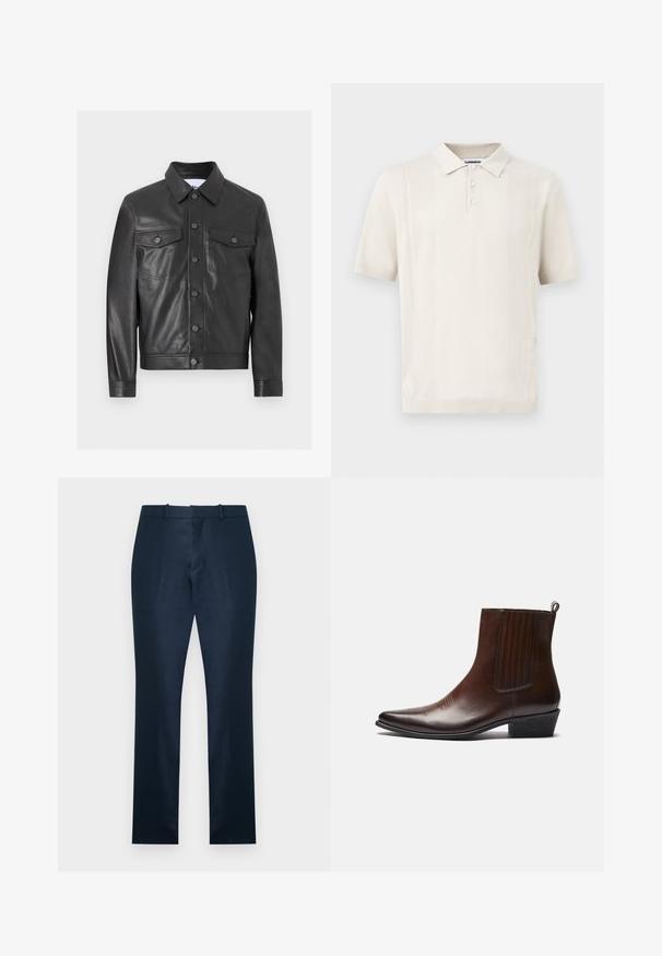 Zwarte leren jas met knoopsluiting aan de voorkant, twee klepzakken op de borst, lange mouwen en een puntige kraag.; Crèmekleurig poloshirt met korte mouwen, drie knopen en subtiele verticale geperforeerde strepen aan de voorkant.; Marineblauwe recht gesneden pantalon met taillebanden en een rits aan de voorkant, afgebeeld tegen een effen witte achtergrond.; Bruine leren enkelboot met een spitse neus, elastische zijpanelen, textuurdetails aan de voorkant en een lage gestapelde hak.