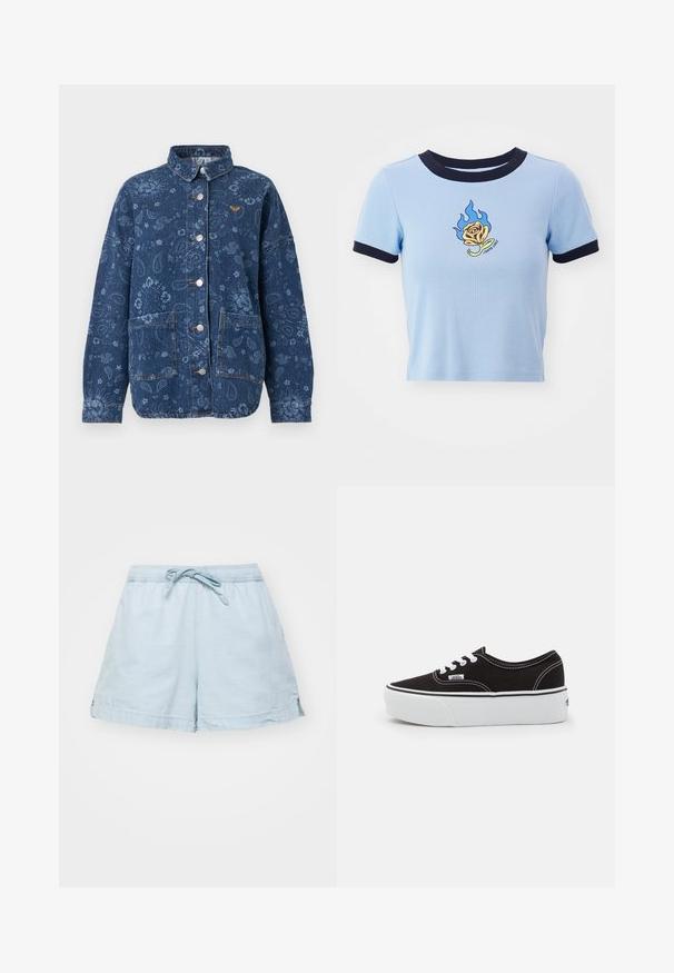 Veste en denim bleu foncé avec imprimé floral et cachemire, boutons-pression argentés, deux poches frontales et un petit logo orange sur la poitrine.; Un crop top court à manches courtes bleu clair avec un col en ribbed marine. Il présente une rose jaune brodée en forme de flamme et du texte en dessous. Texture de tissu douce.; Shorts légers de couleur bleu clair avec une taille élastique et un cordon de serrage. Dotés de poches latérales et d'une coupe décontractée, fabriqués en tissu doux.; Baskets en toile noires avec une semelle en caoutchouc blanc, dotées de lacets et de coutures blanches, marquage emblématique sur le côté, design basse.