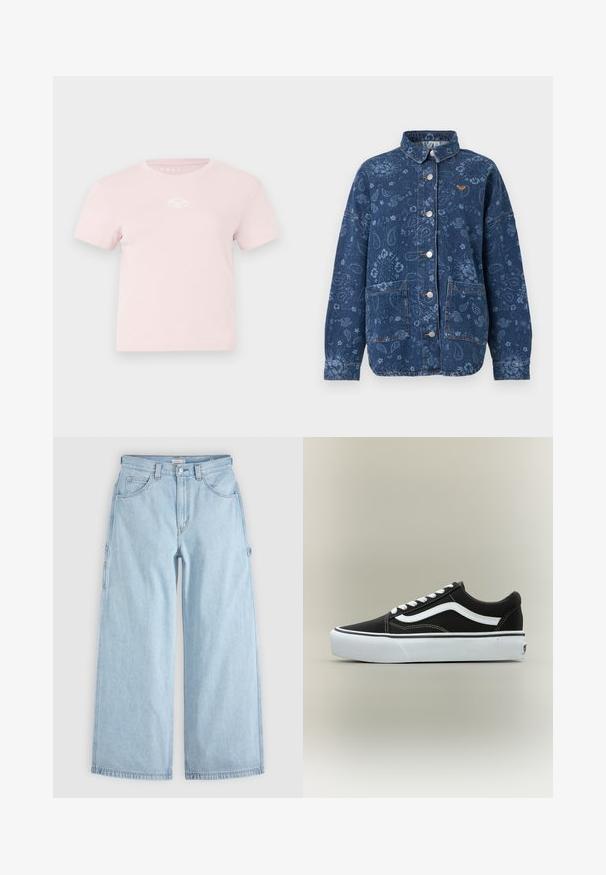 Chaqueta de mezclilla azul oscuro con estampado floral y de cachemira, botones a presión plateados, dos bolsillos frontales y un pequeño logo naranja en el pecho.; Camiseta de algodón rosa con mangas cortas, cuello redondo y un pequeño logotipo blanco en el pecho. Textura suave y diseño casual.; Vaqueros de mezclilla azul claro de pierna ancha con bolsillos delanteros, trabillas para cinturón y anillas laterales para herramientas, extendidos sobre un fondo gris.; Zapatilla deportiva negra de corte bajo con raya lateral blanca, cordones blancos, suela de goma blanca y puntera texturizada sobre fondo neutro.