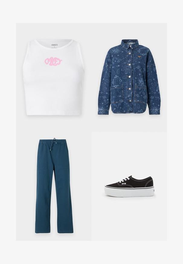 Tmavomodrá rifľová bunda s kvetinovým a paisley vzorom, striebornými patentkami, dvoma prednými vreckami a malým oranžovým logom na hrudi.; Biely rebrovaný crop top s ružovým logom "OBEY" v strede. Navrhnutý s okrúhlym výstrihom a bez rukávov.; Tmavomodré nohavice s rovnými nohavicami, elastickým pásom a šnúrkou, s dvoma prednými náprsnými vreckami.; Čierne plátenné tenisky s bielou gumovou platformou, s bielymi šnúrkami a stehmi, ikonickým logom na boku, nízkoprofilový dizajn.