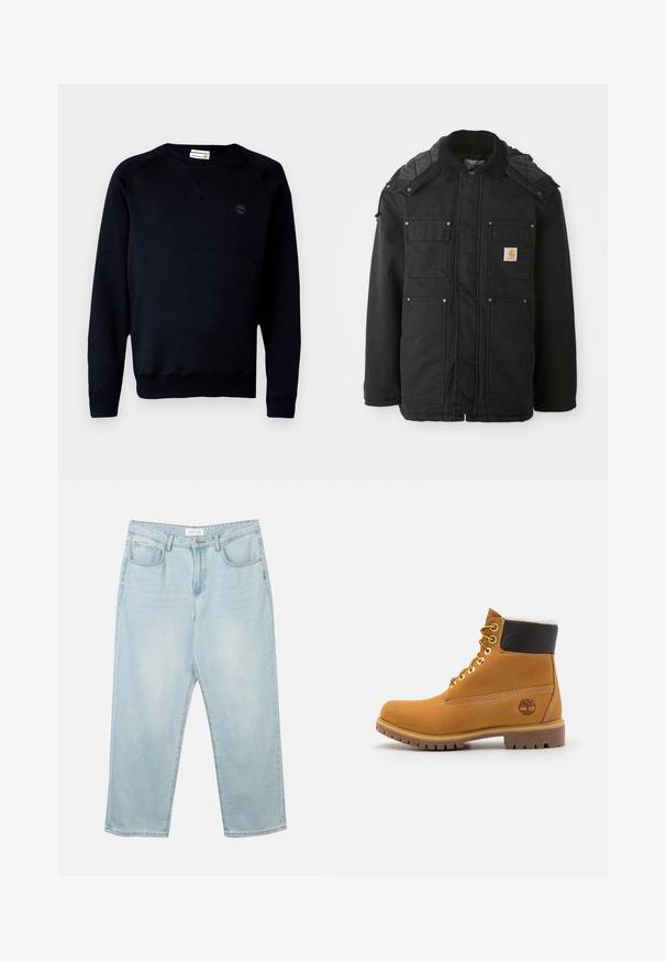 Sort jakke med quiltet krave, flere forlommer og et logo patch. Lavet af et holdbart stof med en glat tekstur.; Sort sweatshirt lavet af en blanding af bomuld, med rund halsudskæring, lange ærmer, ribbede manchetter og et lille logo på brystet.; Lys blå denim jeans med en afslappet pasform, fem lommer, en knaplukning og subtil fadeeffekt. Teksturen er glat og lidt slidt.; Brune læder ankelstøvle med metaløjer, hvid pelsforing, sort polstret krave, robust sål og præget logo på siden.