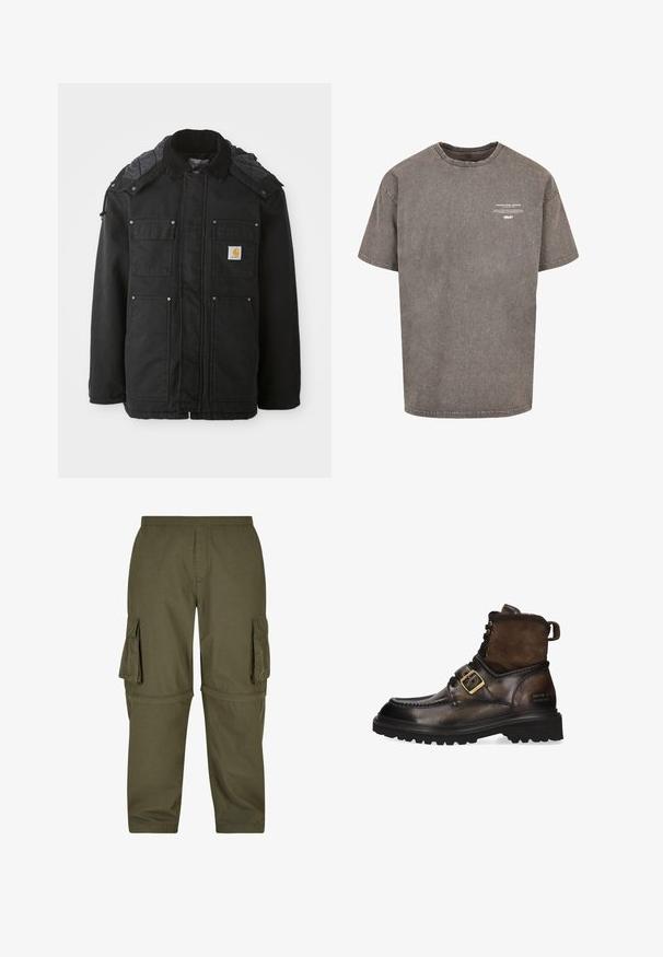 Sort jakke med quiltet krave, flere forlommer og et logo patch. Lavet af et holdbart stof med en glat tekstur.; Grå oversized bomulds T-shirt med rund halsudskæring, korte ærmer, slidte tekstur og hvid trykt tekst på forsiden.; Olivengrøn cargo-bukser lavet af letvægtsstof, med flere sidelommer, elastisk talje og lige pasform.; Brune læder- og ruskindsankelstøvler med rund tå, snørebånd foran og en messing spænde detalje på siden. Tykk gummisål.