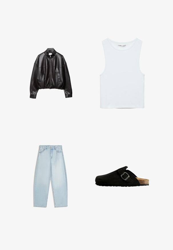 Veste bomber en cuir noir avec col montant, fermeture éclair, deux poches avant et taille ceinturée. Texture lisse et coupe oversize.; Crop top blanc sans manches avec col rond, en tissu lisse, étiqueté Pull&Bear, adapté pour un usage décontracté.; Jean droit bleu clair en denim. Comprend des poches avant, des passants pour ceinture, et un ourlet à finition propre avec un léger effet délavé et des textures minimales.; Sabot en suède noir avec un bout arrondi, détail de boucle en métal réglable et semelle en liège, doté d'une semelle en caoutchouc texturée.