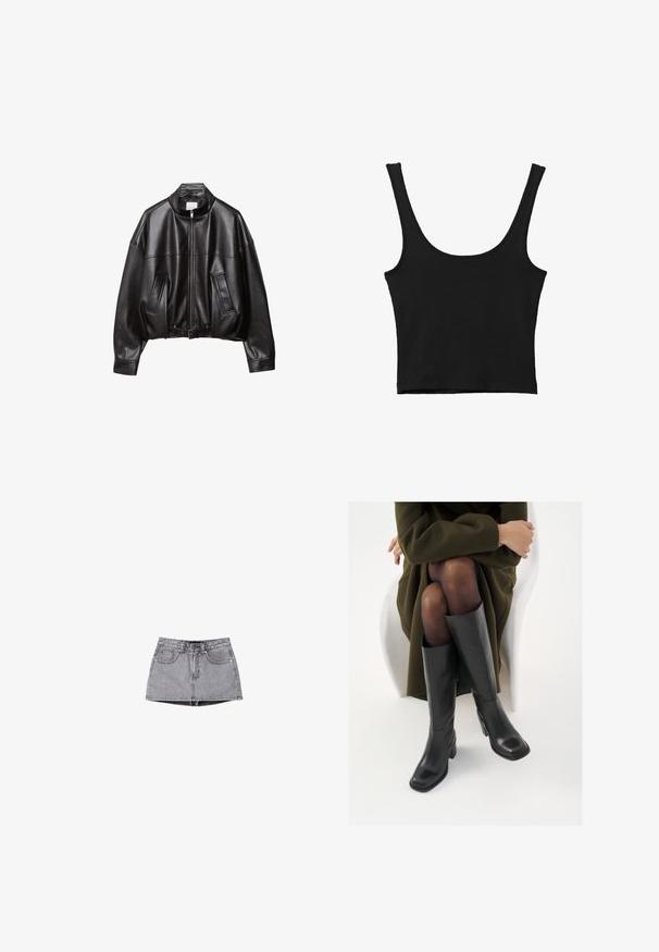 Veste bomber en cuir noir avec col montant, fermeture éclair, deux poches avant et taille ceinturée. Texture lisse et coupe oversize.; Débardeur noir court avec de larges bretelles, fabriqué à partir d'un matériau doux, présentant une texture lisse et un design minimaliste.; Jupe mini en denim de couleur gris délavé. Comprend une fermeture à boutons, des passants pour ceinture et deux poches avant. Texture lisse avec un effet de lavage subtil.; Bottes en cuir noires arrivant au genou, avec un bout carré et un talon carré, présentées sur un modèle assis dans un manteau vert olive. Texture lisse, détails minimaux.