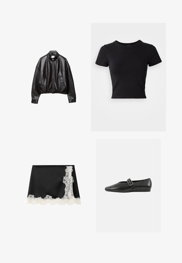 Veste bomber en cuir noir avec col montant, fermeture éclair, deux poches avant et taille ceinturée. Texture lisse et coupe oversize.; T-shirt noire courte en coton solide, à manches courtes et col rond, avec un design lisse et simple.; Mini-jupe noire avec bordure en dentelle florale blanche le long du bord inférieur et un panneau en dentelle sur le côté droit.; Chaussure plate en cuir noir avec un orteil pointu, présentant une sangle à boucle métallique sur le cou-de-pied et une semelle basse et flexible.