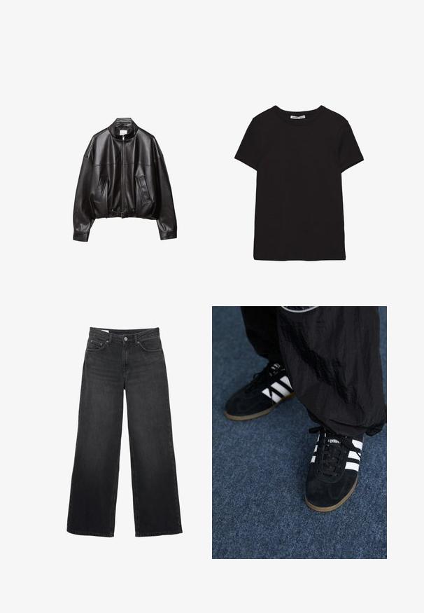 Veste bomber en cuir noir avec col montant, fermeture éclair, deux poches avant et taille ceinturée. Texture lisse et coupe oversize.; T-shirt noir en coton à manches courtes avec encolure ronde, coupe standard et étiquette intérieure visible au niveau du col.; Jean noir à jambes larges avec taille haute, fermeture à boutons et fermeture éclair à l'avant, passants pour ceinture et conception à cinq poches.; Des chaussures de sport en suède noir avec trois rayures blanches et des lacets noirs. Un pantalon noir texturé est partiellement visible à côté des chaussures.