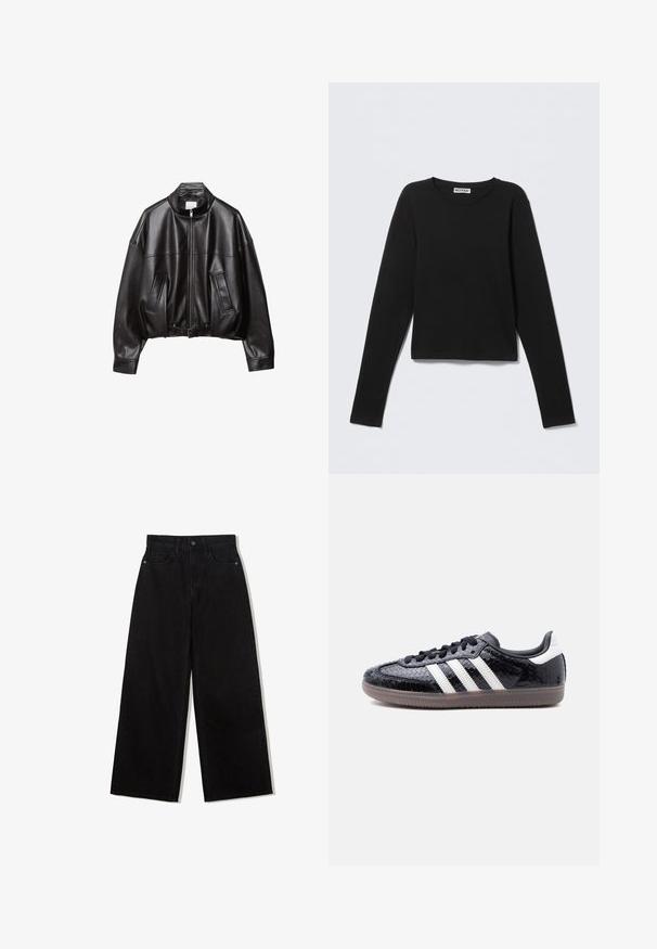 Veste bomber en cuir noir avec col montant, fermeture éclair, deux poches avant et taille ceinturée. Texture lisse et coupe oversize.; Chemise noire à manches longues avec col rond, étiquette "Weekday" au niveau du col, présentée sur un fond gris clair uni.; Jeans noirs à jambes larges en denim avec une taille haute, présentant un design à cinq poches et une fermeture à un bouton à l'avant.; Baskets noires profilées avec motif en relief imitation peau de serpent, bandes blanches sur le côté, lacets noirs et semelle translucide marron.