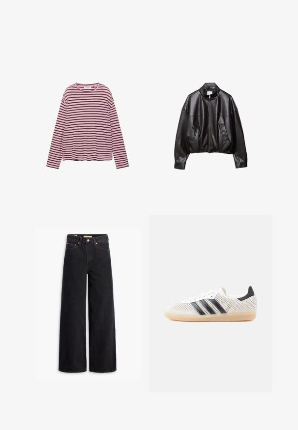 Veste bomber en cuir noir avec col montant, fermeture éclair, deux poches avant et taille ceinturée. Texture lisse et coupe oversize.; Haut à manches longues avec col rond, à rayures horizontales roses et marron, coupe ample et ourlet droit sur un fond blanc.; Jean noir à jambe large en denim, comportant cinq poches, des rivets en laiton et une fermeture à bouton classique. Texture lisse avec un design épuré.; Baskets en maille blanche avec un design à trois bandes noires, bout arrondi et semelle en caoutchouc gomme. Dotées d'un col de talon souple et d'une fermeture à lacets.