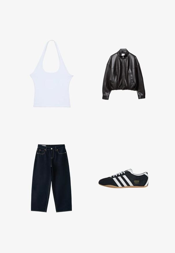 Veste bomber en cuir noir avec col montant, fermeture éclair, deux poches avant et taille ceinturée. Texture lisse et coupe oversize.; Haut blanc sans manches à col halter avec un profond décolleté arrondi et une taille cintrée, présenté à plat sur fond blanc.; Jean bleu foncé à jambes larges avec cinq poches, fermeture par bouton et coutures contrastées sur fond blanc.; Sneakers en suede noir avec trois bandes blanches, logo doré et semelle en caoutchouc marron. Présente un design à lacets à profil bas.
