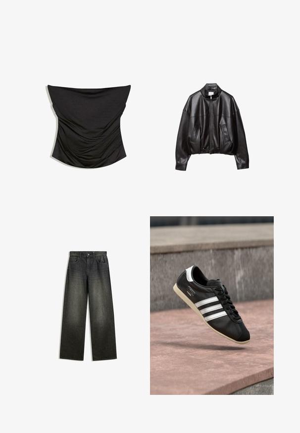 Veste bomber en cuir noir avec col montant, fermeture éclair, deux poches avant et taille ceinturée. Texture lisse et coupe oversize.; Corset noir en satin froncé sans bretelles avec un décolleté droit et une silhouette ajustée sur fond blanc.; Jeans évasés en denim gris foncé avec une finition délavée, un design à cinq poches et une fermeture à bouton à la taille.; Baskets en cuir noir avec des rayures blanches et une semelle blanche, lacées, flottant au-dessus d'une surface en béton rosée avec un mur en pierre grise en arrière-plan.