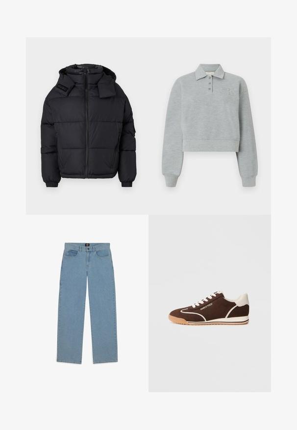 Chaqueta de plumas negra con cuello alto y capucha desmontable, que cuenta con cierre de cremallera en la parte delantera, puños elásticos y un logo en relieve en el hombro.; Sudadera corta de manga larga en gris claro, con cuello, tres botones, puños acanalados y logo "CK" en relieve en el pecho izquierdo.; Vaqueros azul claro, corte holgado, tejido de denim, diseño de cinco bolsillos, cierre de botón, perneras rectas, costuras visibles, sin patrones ni acentos.; Zapatillas de ante marrón con detalles blancos, punta redondeada y suela de goma. Presentan cordones y detalle del logo en el lateral. Acabado texturizado.