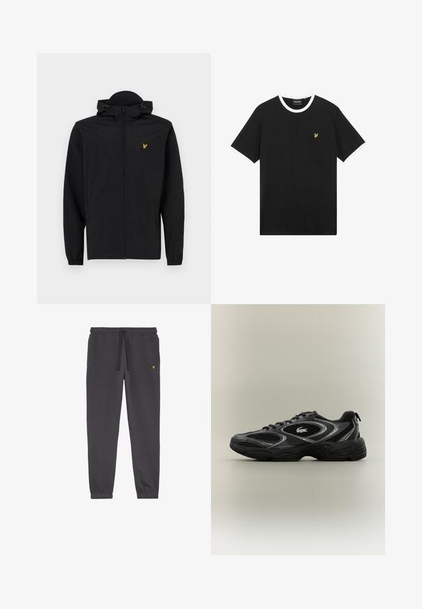 Zwarte lichtgewicht jas met een capuchon, ritssluiting, elastische manchetten en zijzakken; heeft een klein gouden geborduurd adelaarslogo.; Zwart T-shirt met witte kraag en mouwranden, gemaakt van katoen. Voorzien van een klein geel geborduurd adelaarlogo op de borst.; Donkergrijze sweatpants gemaakt van zacht materiaal, met een elastische tailleband met trekkoord, gesloten enkels en een klein geel logo op de linker dij.; Zwarte en grijze sport sneaker met meshpanelen, vetersluiting, dikke zool en een klein krokodillologo aan de zijkant.