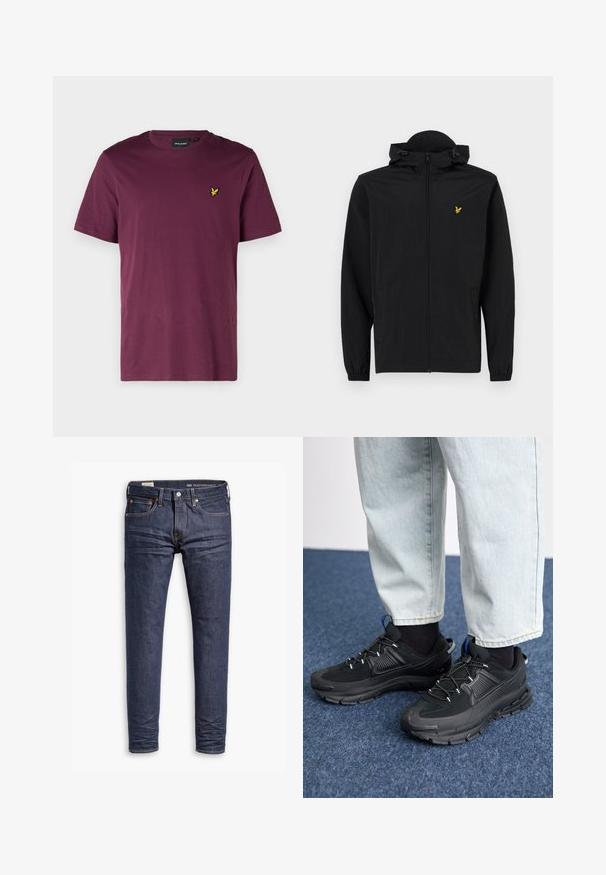 Zwarte lichtgewicht jas met een capuchon, ritssluiting, elastische manchetten en zijzakken; heeft een klein gouden geborduurd adelaarslogo.; Bordeaux katoenen t-shirt met een ronde hals, korte mouwen en een klein geel adelaarlogo op de linkerborst. Gladde textuur, normale pasvorm.; Donkerblauwe slim-fit Levi's Performance spijkerbroek met vijf zakken en zichtbare stiksels op een witte achtergrond.; Zwarte sportschoenen met gestructureerde stof en rubberen zolen, met elastische veters en een blauwe accent op de hiel. Draag samen met lichte spijkerbroeken.