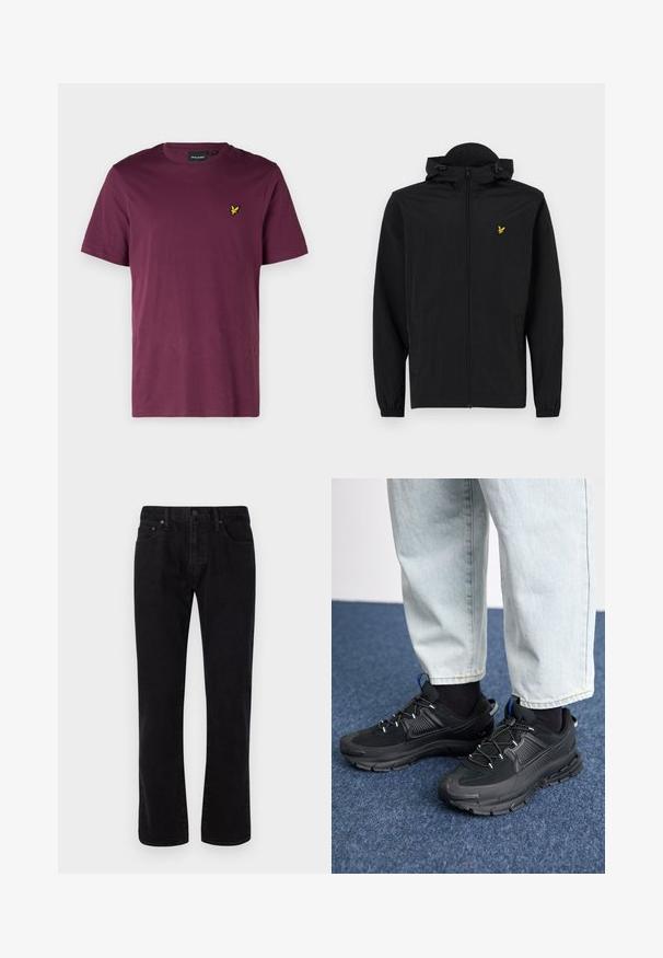 Zwarte lichtgewicht jas met een capuchon, ritssluiting, elastische manchetten en zijzakken; heeft een klein gouden geborduurd adelaarslogo.; Bordeaux katoenen t-shirt met een ronde hals, korte mouwen en een klein geel adelaarlogo op de linkerborst. Gladde textuur, normale pasvorm.; Zwarte denim jeans met een rechte pijp, voorzien van vijf zakken, een knoopsluiting en subtiele stiksels. Glad textuur.; Zwarte sportschoenen met gestructureerde stof en rubberen zolen, met elastische veters en een blauwe accent op de hiel. Draag samen met lichte spijkerbroeken.