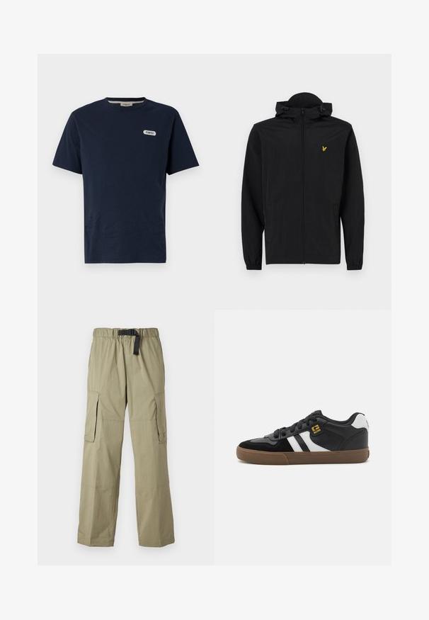 Veste légère noire avec capuche, fermeture éclair, poignets élastiques et poches latérales ; affiche un petit logo d'aigle brodé doré.; T-shirt en coton bleu marine avec un col rond, des manches courtes et un logo blanc "POMPEII" sur la poitrine gauche. Texture lisse, coupe décontractée.; Pantalons cargo olive clair avec taille élastique et ceinture, dotés de deux poches latérales et d'une texture lisse, conçus pour le confort et la fonctionnalité.; Baskets noir et blanc avec une tige en daim et en cuir, présentant des rayures blanches, des lacets noirs et une semelle en caoutchouc marron. Accents de logo dorés.
