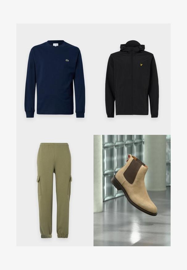 Zwarte lichtgewicht jas met een capuchon, ritssluiting, elastische manchetten en zijzakken; heeft een klein gouden geborduurd adelaarslogo.; Marineblauw langemouwen t-shirt van katoen, met een ronde hals en een klein groen krokodil logo op de linkerborst.; Cargo broek in olijfgroene lichtgewicht stof, met zijzakken, een elastische tailleband en aansluitende manchetten voor een strakke fit.; Beige suède Chelsea-laars met donkerbruine elastische zijpanelen en trekband, getoond zwevend boven een reflecterende gepolijste vloer binnen.