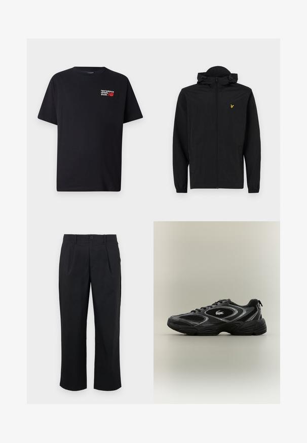 Schwarze leichte Jacke mit Kapuze, Reißverschluss, elastischen Bündchen und Seitentaschen; mit einem kleinen goldenen gestickten Adler-Logo.; Schwarzes Baumwoll-T-Shirt mit Rundhalsausschnitt. Verfügt über ein kleines rotes und weißes "New Balance"-Logo und Text im oberen linken Brustbereich.; Schwarze Hosen mit geradem Schnitt, ausgestattet mit Falten an der Vorderseite, einem Knopfverschluss und glatter Stoffoberfläche.; Schwarzer und grauer Sportschuh mit Netzpaneelen, Schnürdesign, dicker Sohle und einem kleinen Krokodil-Logo an der Seite.