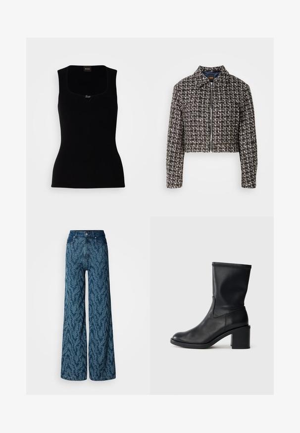 Veste en tweed noir et blanc coupée avec un col, fermeture éclair à l'avant et motif texturé sur l'ensemble. Doublée d'un intérieur uni bleu marine.; Débardeur noir côtelé avec un décolleté carré, arborant un petit logo en accent au centre. Confectionné dans un matériau doux et texturé.; Jean large taille haute en denim bleu foncé avec un motif abstrait tacheté bleu clair, bouton à l'avant et poches.; Botte en cuir noir à cheville avec un bout rond, texture lisse et un talon épais, présentant un tige ajustée et un subtil détail de couture.