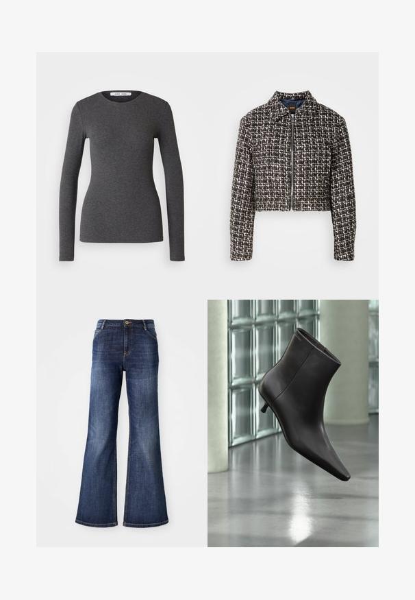 Chaqueta de tweed en blanco y negro, cortada, con cuello camisa, cremallera frontal y patrón texturizado en toda la prenda. Forrada con un interior azul marino sólido.; Top de manga larga y cuello redondo en gris oscuro, confeccionado en tejido acanalado con un diseño ajustado, que presenta una textura suave y un detalle mínimo.; Vaqueros acampanados de un azul oscuro, hechos de denim, con cierre de botón en la parte delantera, dos bolsillos frontales y un desvanecimiento mínimo a lo largo de los muslos y dobladillo.; Bota de cuero negro para el tobillo con puntera puntiaguda y tacón pequeño, exhibida frente a una pared de bloques de vidrio y un suelo pulido.