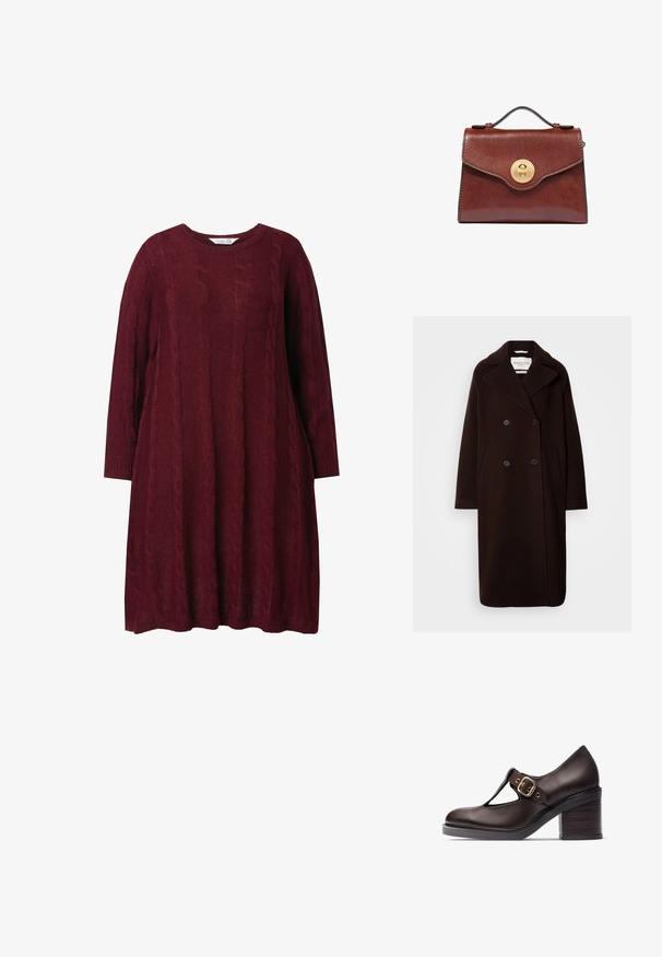 Dubbel-breasted, lange zwarte wollen jas met een brede revers, twee voorzakken en zwarte knopen. Gladde textuur, minimalistisch ontwerp.; Bordeaux gebreide jurk met een ronde hals, lange mouwen en kabelbrei patroon. Losse fit, met ribgebreide manchetten en zoom.; Bruine leren T-strap schoen met een afgeronde neus, gouden gesp en een gestapelde hak. Gladde textuur met minimale stiksels en versieringen.; Bruine leren handtas met handvat aan de bovenkant en ronde gouden draaisluiting op de voorflap, afgebeeld tegen een witte achtergrond.