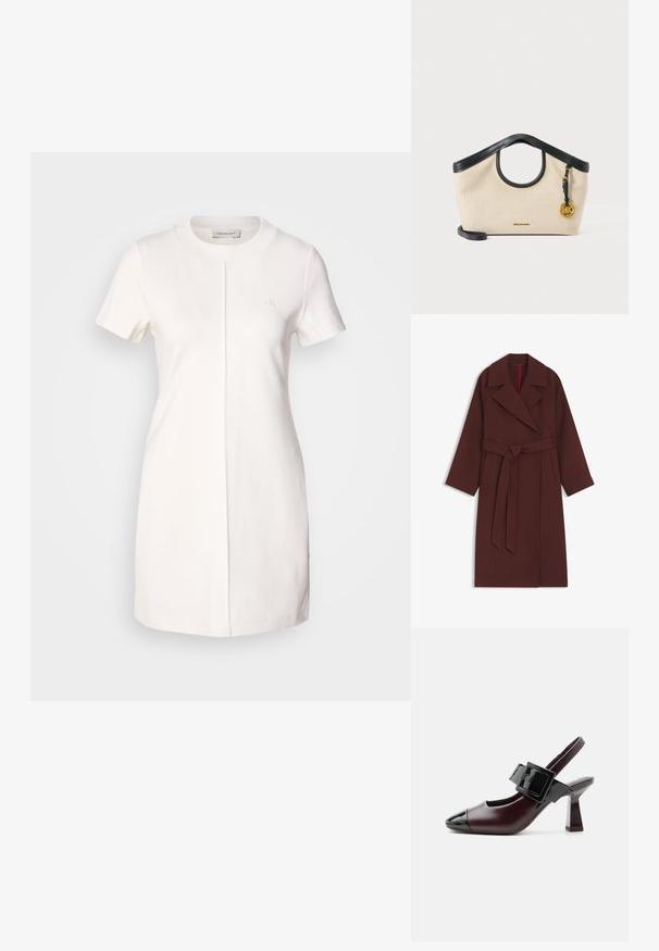 Dlhý tmavohnedý zavinovací kabát so širokým golierom, opaskom na uviazanie v páse a dvoma prednými vreckami, zobrazený na bielom pozadí.; Calvin Klein Jeans MILANO T SHIRT DRESS - Džersejové šaty - tofu; Tmavohnedé slingback lodičky s čiernou lakovanou špičkou, masívnym stredným podpätkom a veľkým čiernym remienkom s prackou cez nárt.; Béžová textilná kabelka s čiernym koženým lemom, okrúhlym výrezom na rukoväť, čiernym popruhom a zlatým okrúhlym príveskom s logom MK na pravej strane.