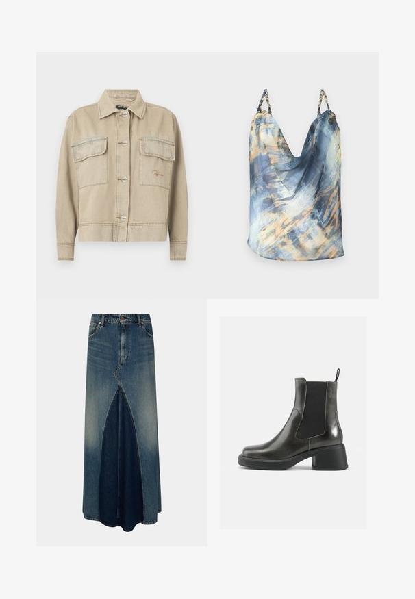 Beige denimjack met een kraag, lange mouwen, knoopsluiting en twee borstzakken. Kenmerkt zich door contrasterende stiksels en subtiele logo borduring.; Mouwloos top in blauw met een abstract patroon met gouden en lichtblauwe accenten; gedrapeerd ontwerp, zachte stof, gevlochten banden.; Blauwe denim maxi-rok met een voor-invertpleat, riemlussen, knoop- en ritssluiting, en vervaagde wasdetails.; Zwarte leren enkellaarzen met een gladde afwerking, elastische zijpanelen en een zware hak. Voorzien van een lus voor gemakkelijker aan- en uittrekken.
