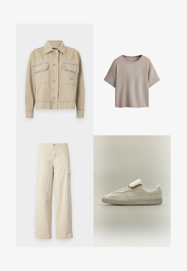 Veste en denim beige avec un col, des manches longues, une fermeture à boutons et deux poches poitrine. Présente des coutures contrastées et un broderie de logo discrète.; T-shirt beige court en coton à manches courtes avec col rond, présenté à plat sur fond blanc.; Pantalons cargo beiges en coton doux, avec une coupe droite, un bouton à l'avant et une poche latérale avec détail à rabat.; Basket basse blanche avec semelle texturée, laçage avant, languette rembourrée et marquage doré discret sur le côté, présentée sur un fond neutre.