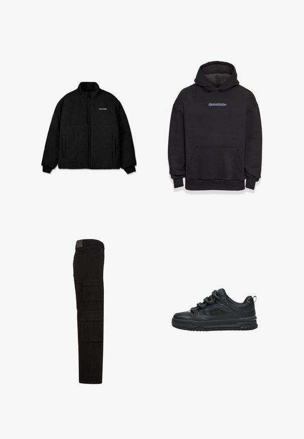 Schwarze Daunenjacke mit hohem Kragen, strukturiertem Rippdesign, durchgehendem Reißverschluss und zwei Seitentaschen. "PEGAADOR"-Logo auf der Brust.; Schwarzer Kapuzenpullover aus einem Baumwollmischgewebe. Verfügt über eine vordere Tasche und ein Logo in Blau und Rot. Gerippte Bündchen und Saum.; Schwarze Cargohose mit mehreren großen Überschlagtaschen, Gürtelschlaufen und geradem Beinanschnitt, seitlich dargestellt.; Schwarzer Low-Top-Sneaker mit dicker Sohle, gepolstertem Kragen, Mesh-Einsätzen und kräftigen Schnürsenkeln, dargestellt vor weißem Hintergrund.