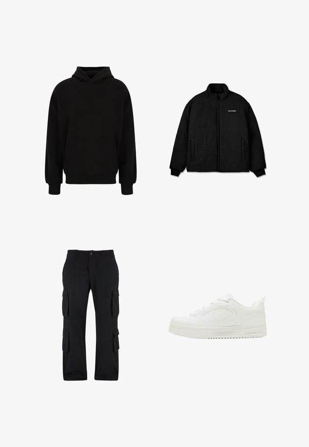 Veste en doudoune noire avec un col haut, présentant une texture côtelée, une fermeture éclair à l'avant et deux poches latérales. Logo "PEGAADOR" sur la poitrine.; Hoodie noir en pullo avec une poche frontale, des poignets et un ourlet côtelés. Fabriqué en tissu doux, il présente une coupe décontractée et une capuche réglable.; Pantalons cargo noirs en tissu coton, dotés de plusieurs poches latérales, d'une coupe décontractée et d'une jambe droite.; Baskets basses blanches à semelle épaisse, lacets à l'avant, avec des détails subtils de couture sur la tige lisse.