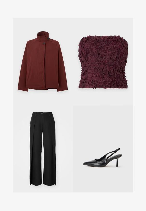 Chaqueta de color rojo oscuro con cuello alto, dos botones negros en el frente y mangas largas, mostrada sobre un fondo liso de color gris claro.; Top sin tirantes de color burdeos con una superficie texturada hecha de pétalos de tela superpuestos. Se ajusta estrechamente al cuerpo, resaltando el diseño elaborado.; Pantalones de pierna ancha negros, hechos de tela suave, que cuentan con pliegues frontales, un cierre de un botón y lazos para cinturón.; Zapato de tacón alto negro de cuero con puntera afilada y tacón delgado sobre un fondo blanco.