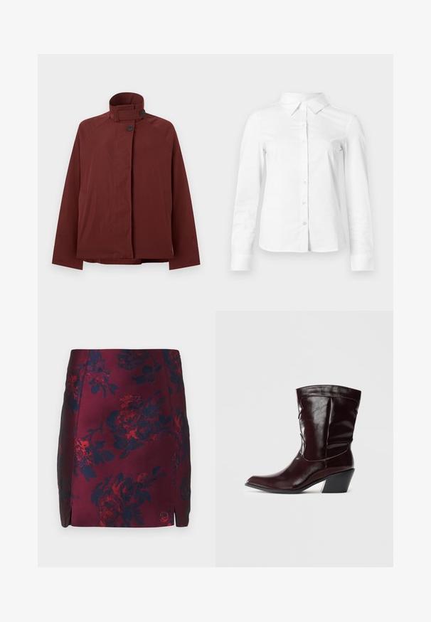 Veste rouge foncé à col montant, deux boutons noirs à l'avant et manches longues, présentée sur un fond gris clair uni.; Chemise blanche à manches longues avec boutons, col pointu, ourlet droit et silhouette ajustée, présentée sur un fond clair uni.; Jupe à motif floral bourgogne avec des accents bleu marine, fabriquée en tissu lisse. Présente des fentes latérales et un motif floral texturé sur l'ensemble.; Bottines en cuir bourgogne avec un bout pointu, une surface texturée et un petit talon effilé. Présente une couture discrète et un ajustement confortable.