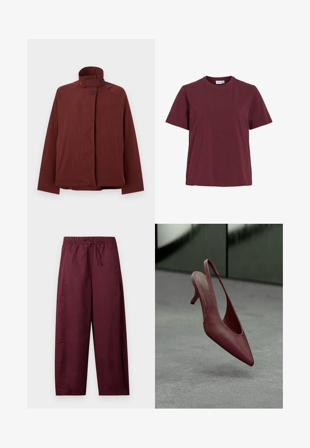 Mørkerød jakke med høj krave, to sorte knapper foran og lange ærmer, vist på ensfarvet lysegrå baggrund.; Simpel kortærmet t-shirt med rund hals i ensfarvet mørk bourgogne, vist på hvid baggrund uden mønstre eller logoer.; Løse vinrøde bukser med elastisk taljebånd og snøre, lige ben, ingen synlige lommer eller mønstre.; Burgunderfarvet læder slingback kitten heel med spids tå, svævende over en grå tekstureret overflade foran en mørkegrøn væg.