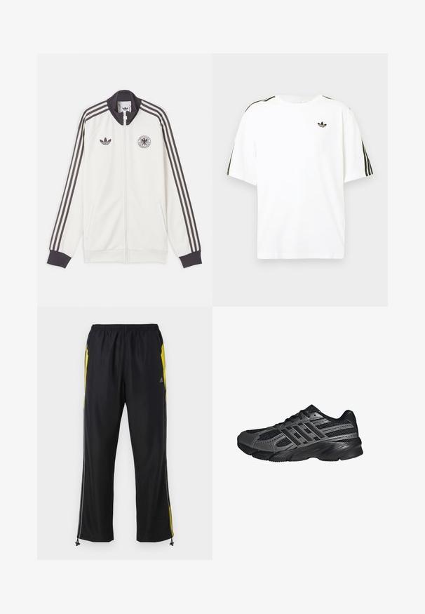 Witte Adidas trainingsjas met zwarte drie strepen op de mouwen, zwarte kraag en manchetten, Adidas-logo en het embleem van de Duitse voetbalbond.; Witte katoenen t-shirt met korte mouwen, voorzien van zwarte drie-strepen accenten op de schouders en een klein zwart logo op de borst.; Zwarte sportbroek met gele zijkanten, elastische tailleband en met rits te sluiten zijzakken. Gemaakt van lichtgewicht, gladde stof.; Zwarte sportschoenen gemaakt van mesh en synthetische materialen, met een getextureerd oppervlak, meerdere grijze strepen en een gevoerde kraag.