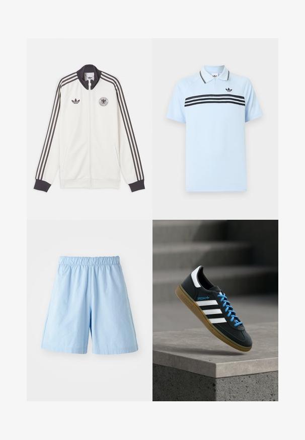 Biela tréningová bunda Adidas s čiernymi tromi pruhmi na rukávoch, čiernym golierom a manžetami, logom Adidas a emblémom Nemeckej futbalovej asociácie.; Svetlomodrá polokošeľa z textúrovanej látky s čiernymi akcentovými pruhmi a čiernym logom na hrudi. Má golierový výstrih.; Svetlomodré šortky s elastickým pásom vyrobené z textúrovanej látky. Majú bočné vrecká a voľný strih, vhodné na neformálne nosenie.; Čierna teniska Adidas s bielymi pruhmi, modrými šnúrkami a gumovou podrážkou, ktorá sa vznáša nad sivým betónovým schodom v mäkkom svetle.
