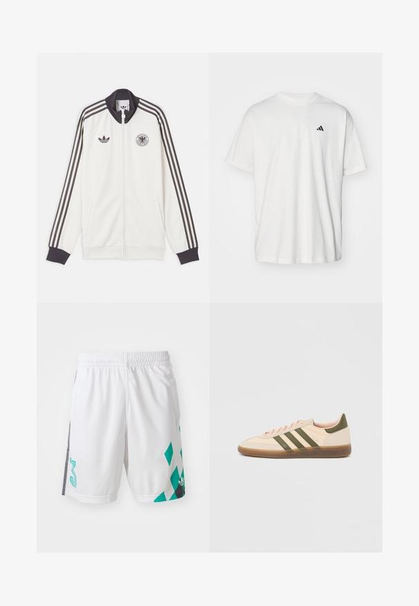Chaqueta de chándal blanca de Adidas con tres franjas negras en las mangas, cuello y puños negros, logo de Adidas y emblema de la asociación de fútbol de Alemania.; Camiseta de algodón blanca con mangas cortas, cuello redondo y un pequeño logo negro de Adidas en el lado izquierdo del pecho. Textura suave, ajuste casual.; Shorts deportivos blancos con cintura elástica, que presentan un patrón geométrico en color azul verdoso y detalles en negro en los laterales. Incluye el número "3" grande.; Zapatilla Adidas Spezial beige de perfil bajo con rayas verdes, suela de goma y la marca "SPEZIAL" en el lateral, vista desde el lado exterior.