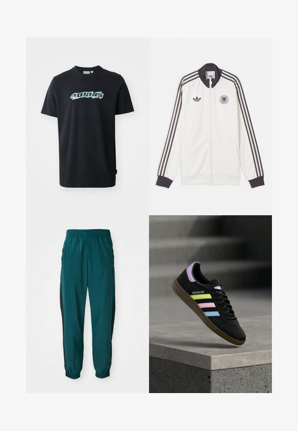 Valge Adidas'i spordijakk mustade kolme triibuga varrukatel, musta krae ja mansettide, Adidas'i logoga ning Saksa jalgpalliliidu embleemiga.; Mustad puuvillane T-särk lühikeste varrukatega, millel on esiküljel läikiv, mitmevärviline "ADIDAS" logo. Klassikaline ümmargune kaelus.; Türkis värvi spordipüksid, millel on nööriga vöökoht, elastsed mansetid ja mustad triibud külgedel. Valmistatud kergest kangast, logoga puusade lähedal.; Must Adidas Spezial toss sinised, roosad ja kollased pastelltriipud, lavendlivärvilise kannaosaga ja pruun tallaga, hõljumas betoonserva kohal.