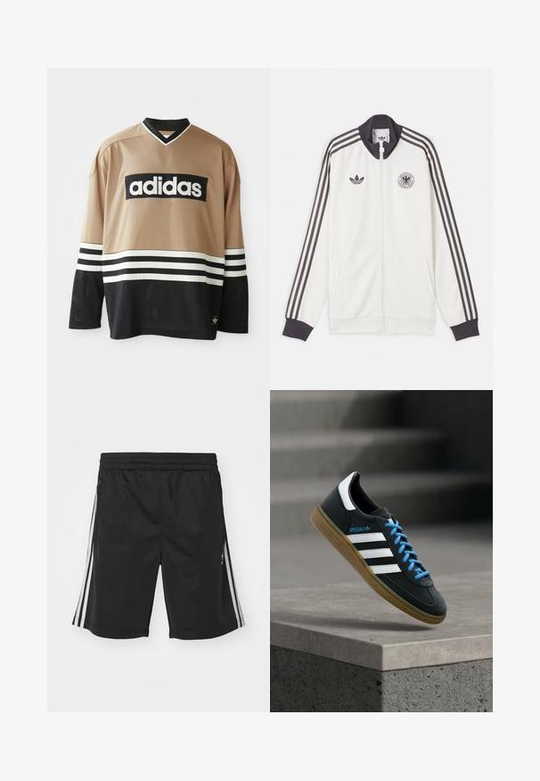 Biela tréningová bunda Adidas s čiernymi tromi pruhmi na rukávoch, čiernym golierom a manžetami, logom Adidas a emblémom Nemeckej futbalovej asociácie.; Dlhý rukáv športovej dresy Adidas v béžovej a čiernej farbe s bielymi pruhmi, sieťovina a logo Adidas na hrudi a dolnom leme.; Čierne športové šortky s elastickým pásom, so vzorom bielych pruhov po stranách a hladkou textúrou tkaniny. Bez ďalších ozdôb.; Čierna teniska Adidas s bielymi pruhmi, modrými šnúrkami a gumovou podrážkou, ktorá sa vznáša nad sivým betónovým schodom v mäkkom svetle.